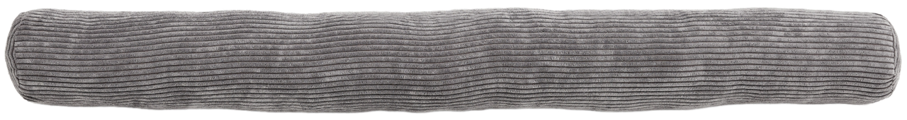 Graues, längliches Kissen mit gerippter Struktur, seitliche Perspektive