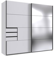 Moderner Schwebetürenschrank mit zwei Türen, eine davon verspiegelt, und mehreren Schubladen, seitliche Perspektive