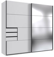 Moderner Schwebetürenschrank mit zwei Türen, eine davon verspiegelt, und mehreren Schubladen, seitliche Perspektive