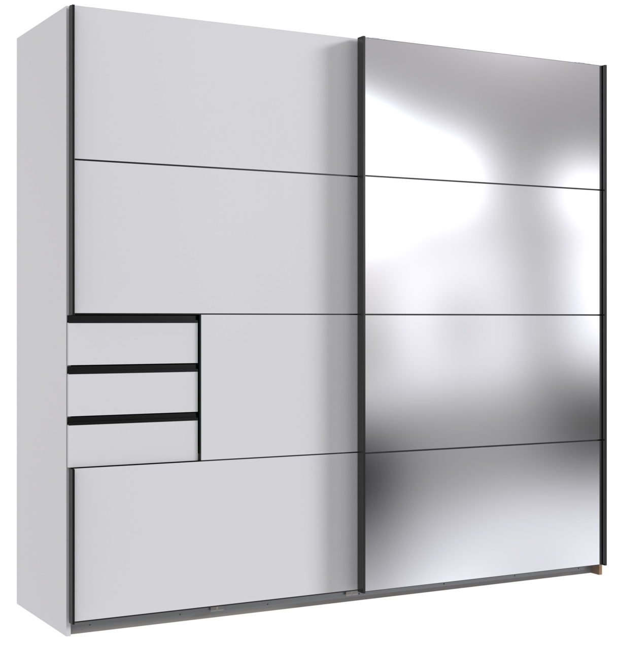 Z2 Schwebetürenschrank 2trg. SAIGON Moderner Schwebetürenschrank mit zwei Türen, eine davon verspiegelt, und mehreren Schubladen, seitliche Perspektive