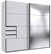 Moderner Schwebetürenschrank mit zwei Türen, eine davon verspiegelt, und mehreren Schubladen, seitliche Perspektive