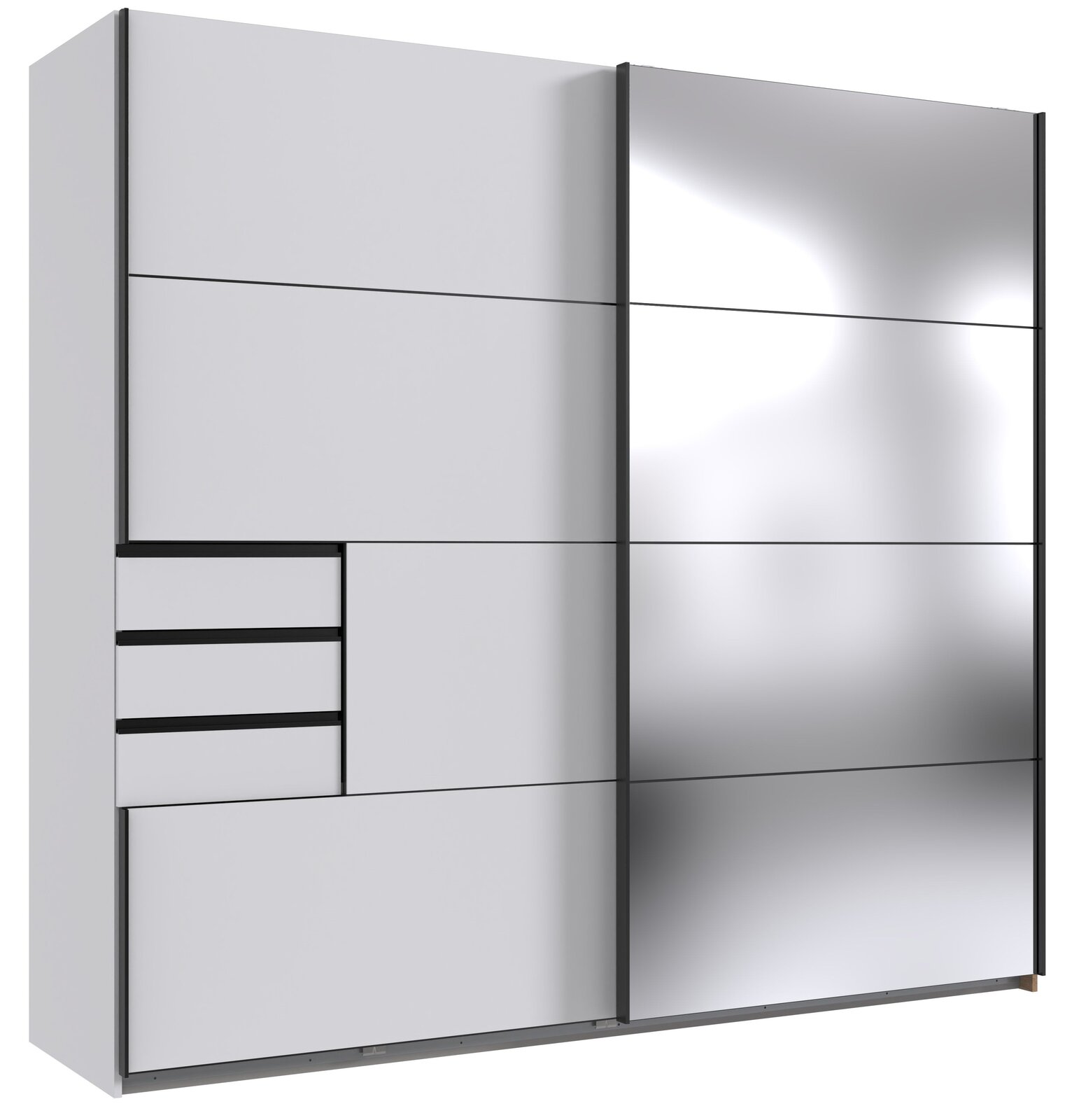 Moderner Schwebetürenschrank mit zwei Türen, eine davon verspiegelt, und mehreren Schubladen, seitliche Perspektive