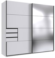 Moderner Schwebetürenschrank mit zwei Türen, eine davon verspiegelt, und mehreren Schubladen, seitliche Perspektive