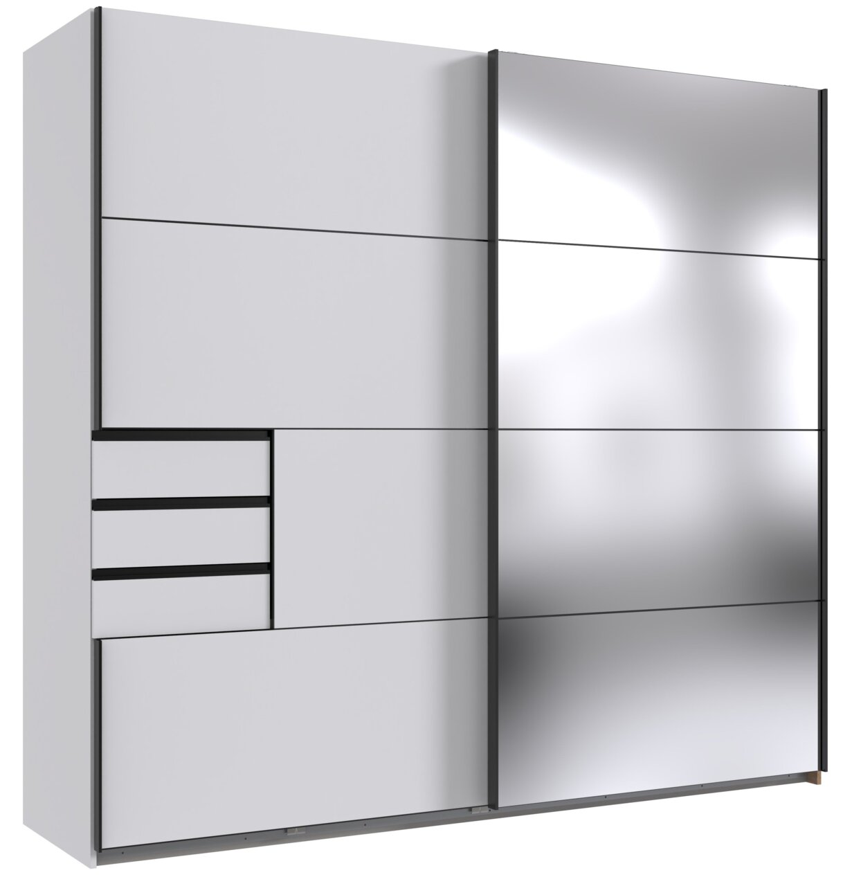 Moderner Schwebetürenschrank mit zwei Türen, eine davon verspiegelt, und mehreren Schubladen, seitliche Perspektive