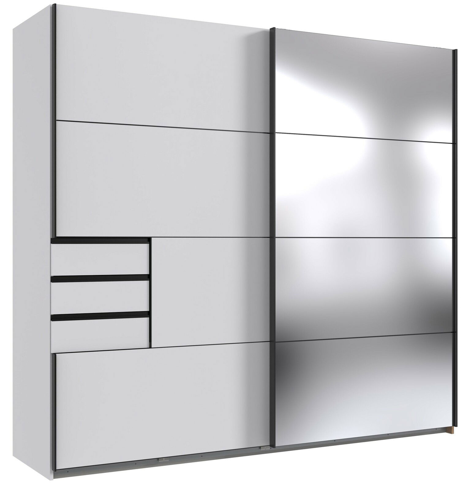Moderner Schwebetürenschrank mit zwei Türen, eine davon verspiegelt, und mehreren Schubladen, seitliche Perspektive
