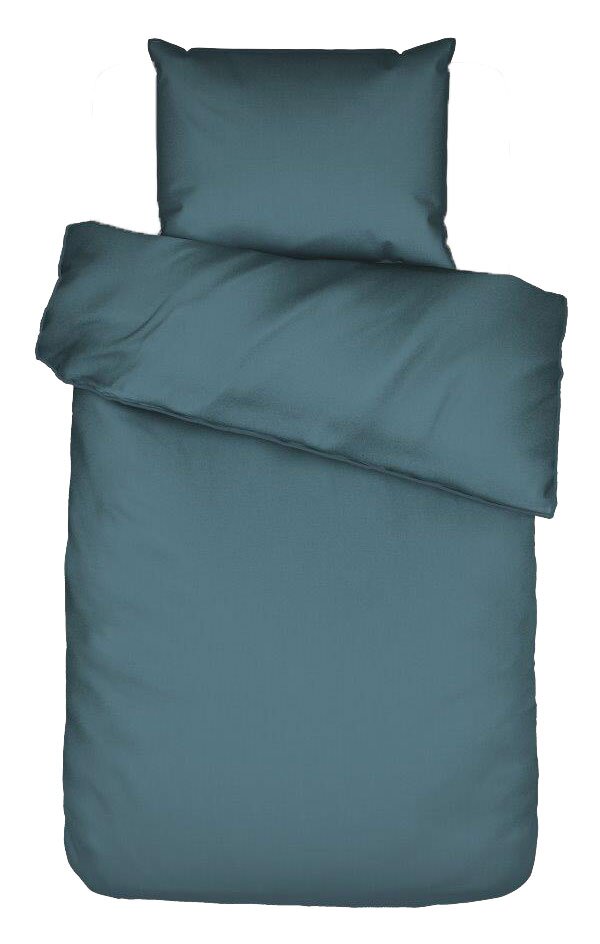 Essenza Home Bettwäsche MINTE in Dunkelblau, bestehend aus einem Kissenbezug und einem Bettdeckenbezug, aus der Vogelperspektive.