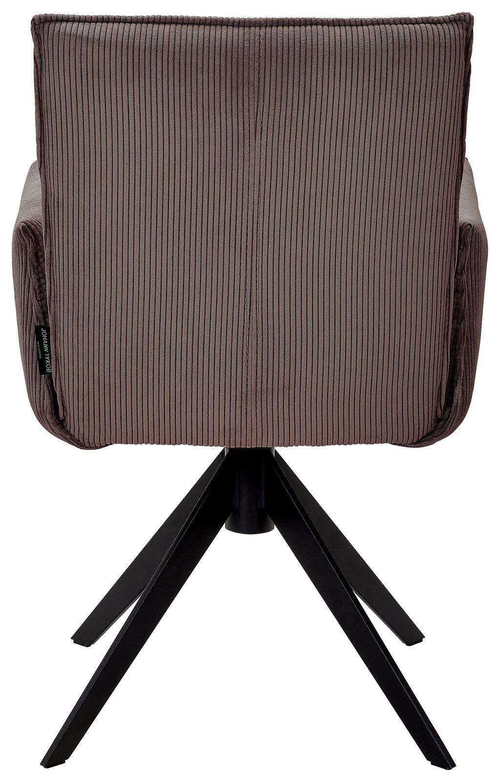 Rückansicht eines Armlehnstuhls mit geripptem Stoffbezug und schwarzem Metallgestell.