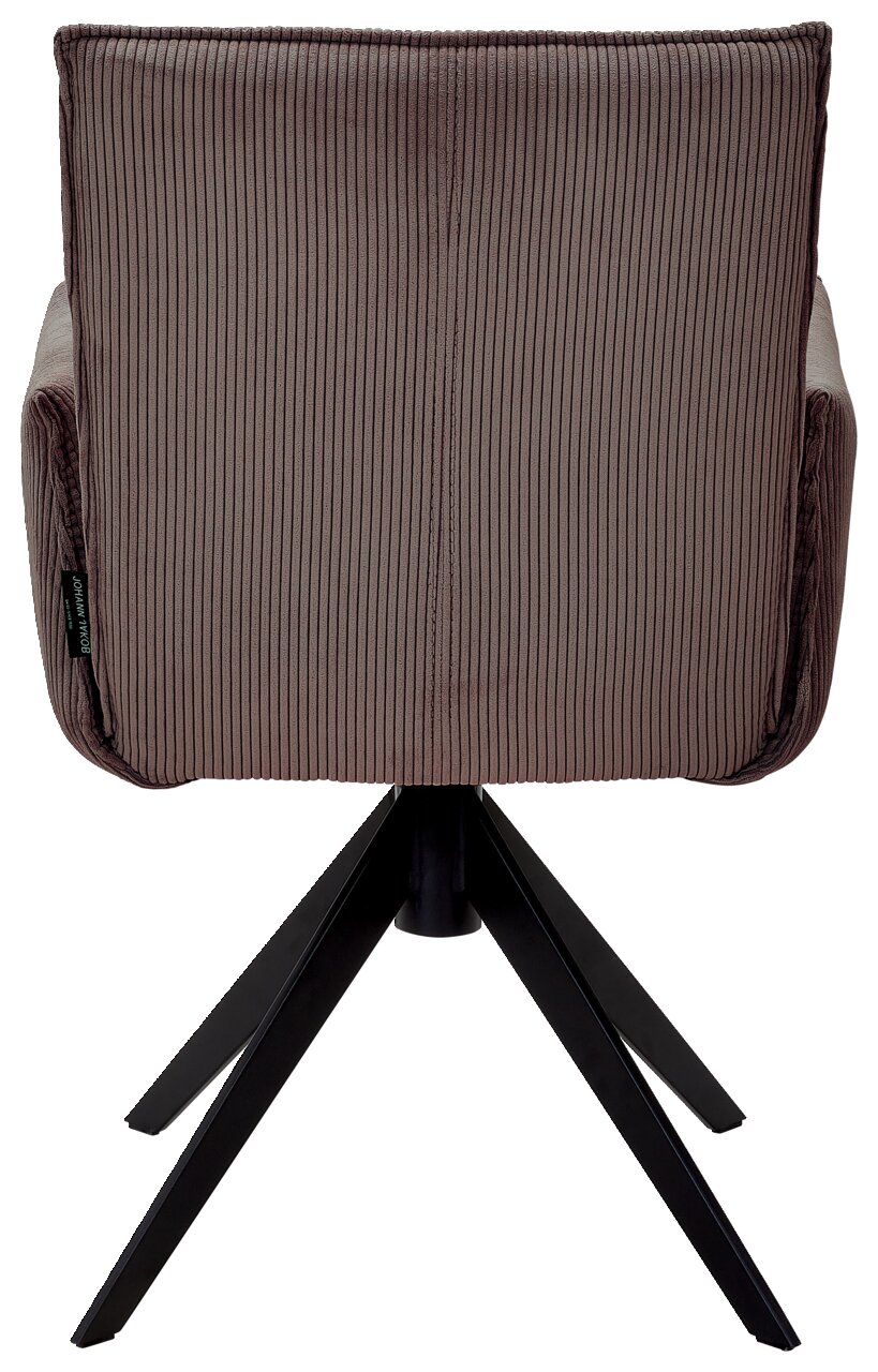 Johann Jakob Armlehnstuhl CALAS Rückansicht eines Armlehnstuhls mit geripptem Stoffbezug und schwarzem Metallgestell.