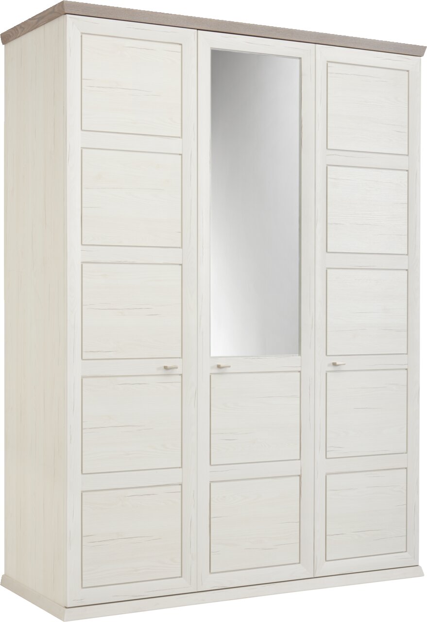 Drehtürenschrank 3-türig in heller Holzoptik mit einem großen Spiegel in der mittleren Tür, seitliche Perspektive