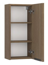 Geöffneter Hängeschrank aus Holz mit zwei Einlegeböden, seitliche Perspektive