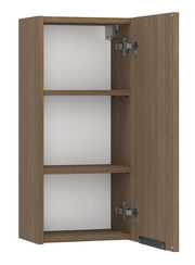 Geöffneter Hängeschrank aus Holz mit zwei Einlegeböden, seitliche Perspektive