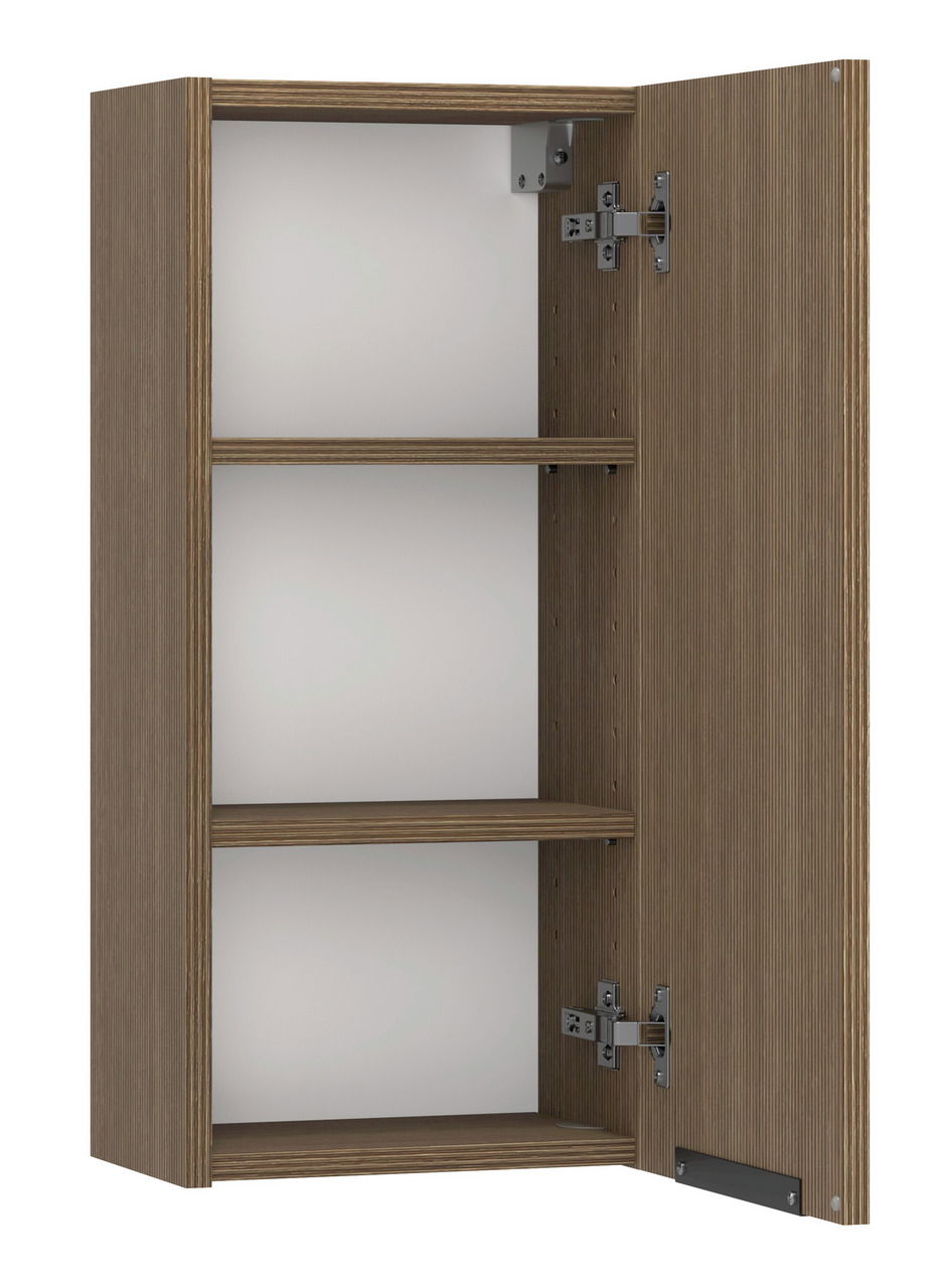 Geöffneter Hängeschrank aus Holz mit zwei Einlegeböden, seitliche Perspektive