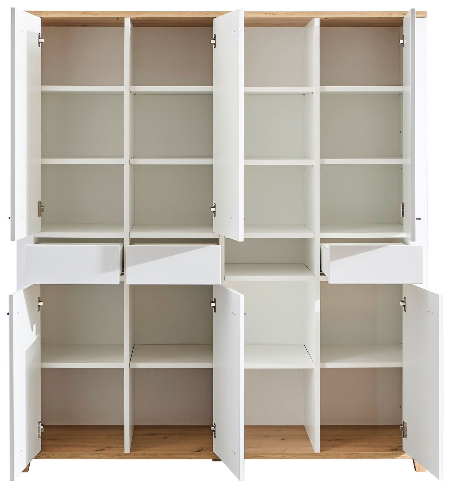 Bürokombination mit mehreren offenen Schränken und Schubladen, Frontansicht