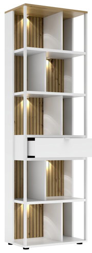 Modernes Büroregal mit weißem Rahmen und Holzelementen, beleuchtet, aus frontaler Perspektive.