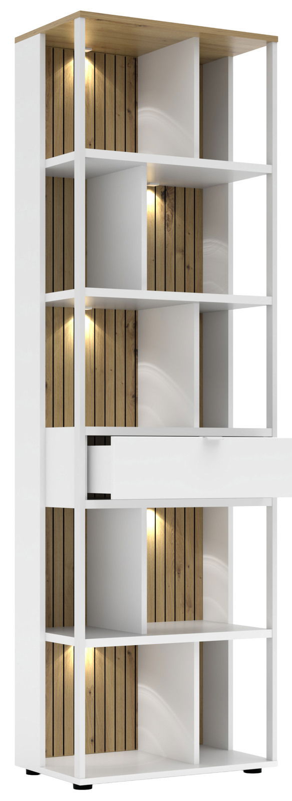 Modernes Büroregal mit weißem Rahmen und Holzelementen, beleuchtet, aus frontaler Perspektive.