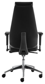 Rückansicht eines schwarzen Chefsessels mit verstellbaren Armlehnen und einem stabilen, verchromten Fußkreuz auf Rollen.