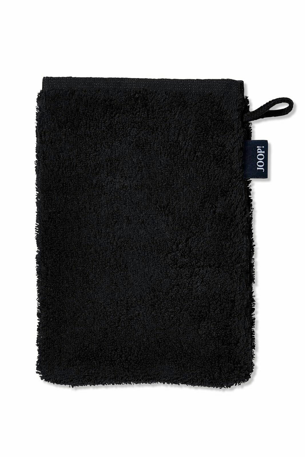 Schwarzer Waschhandschuh aus Frottee, frontal abgebildet mit einer Schlaufe und einem Markenetikett an der Seite.