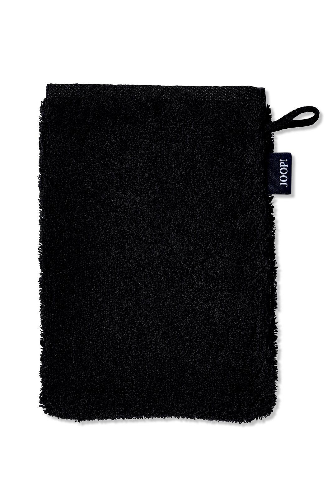 JOOP! Waschhandschuh DOUBLEFACE CLASSIC Schwarzer Waschhandschuh aus Frottee, frontal abgebildet mit einer Schlaufe und einem Markenetikett an der Seite.