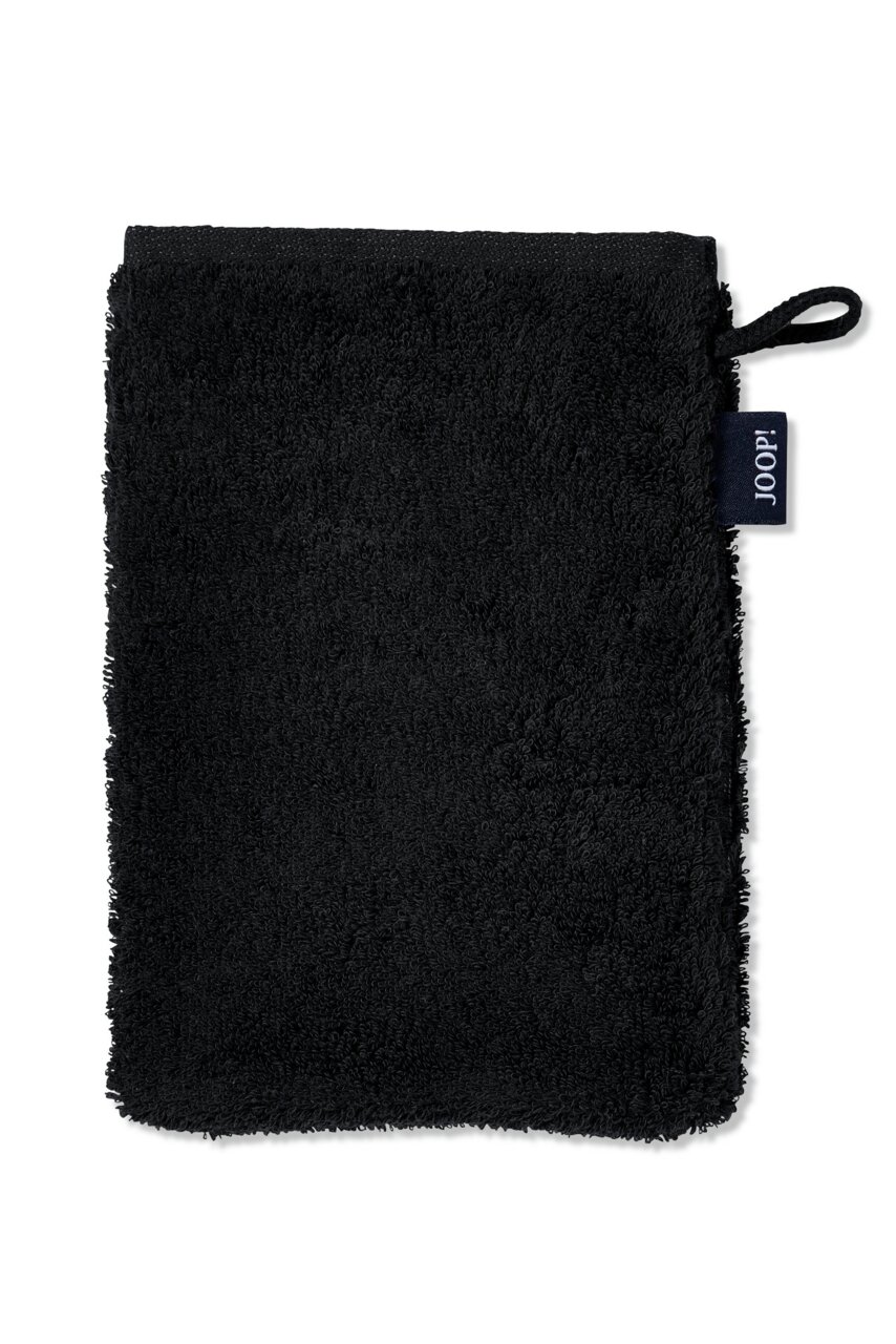 JOOP! Waschhandschuh DOUBLEFACE CLASSIC Schwarzer Waschhandschuh aus Frottee, frontal abgebildet mit einer Schlaufe und einem Markenetikett an der Seite.