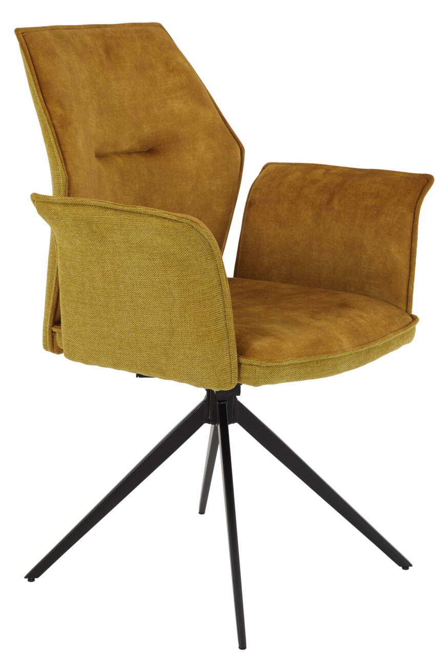 Moderne fauteuil in mosterdgeel met een zwart metalen frame, zijaanzicht