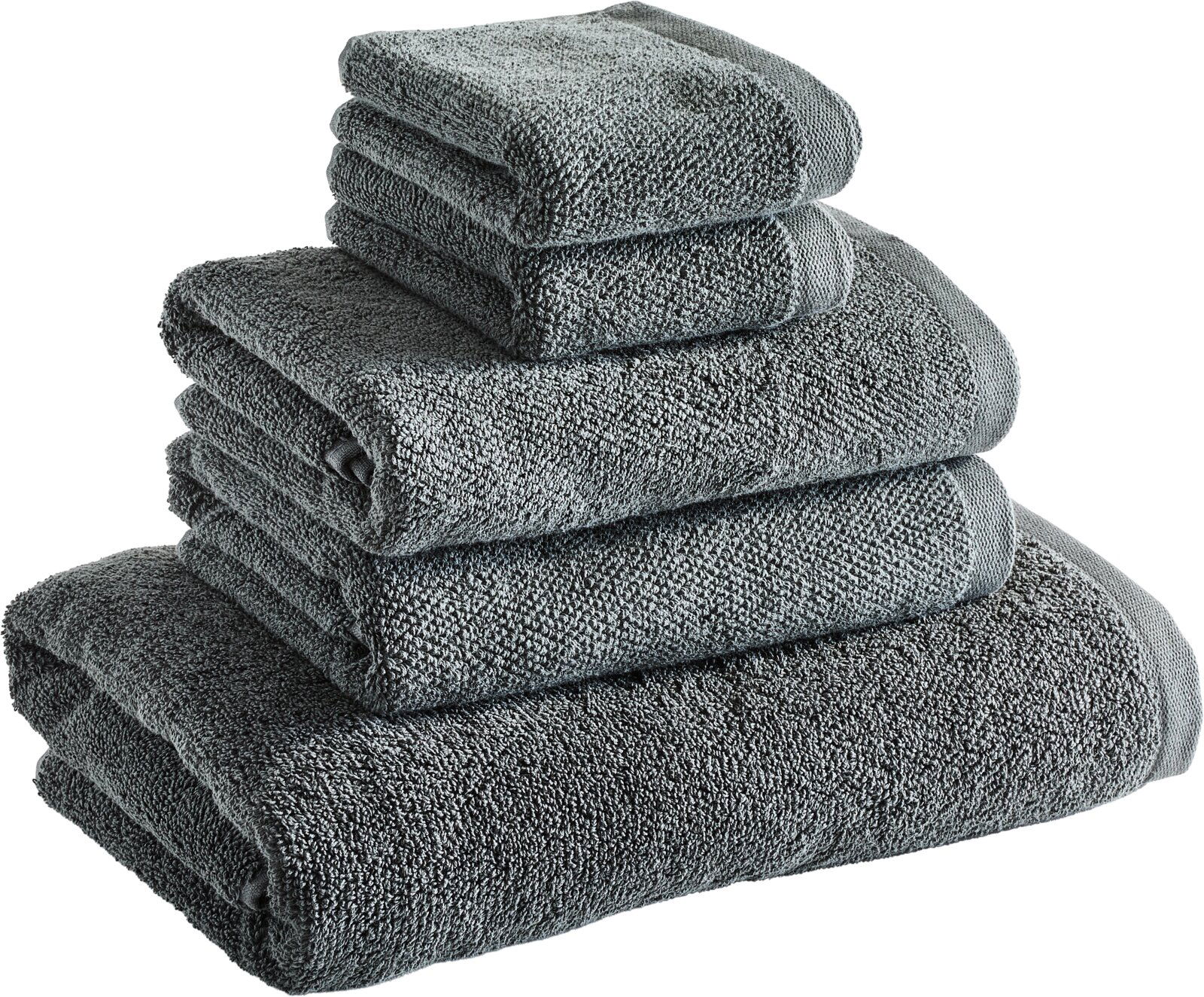 Stapel von grauen Handtüchern in verschiedenen Größen, seitliche Perspektive