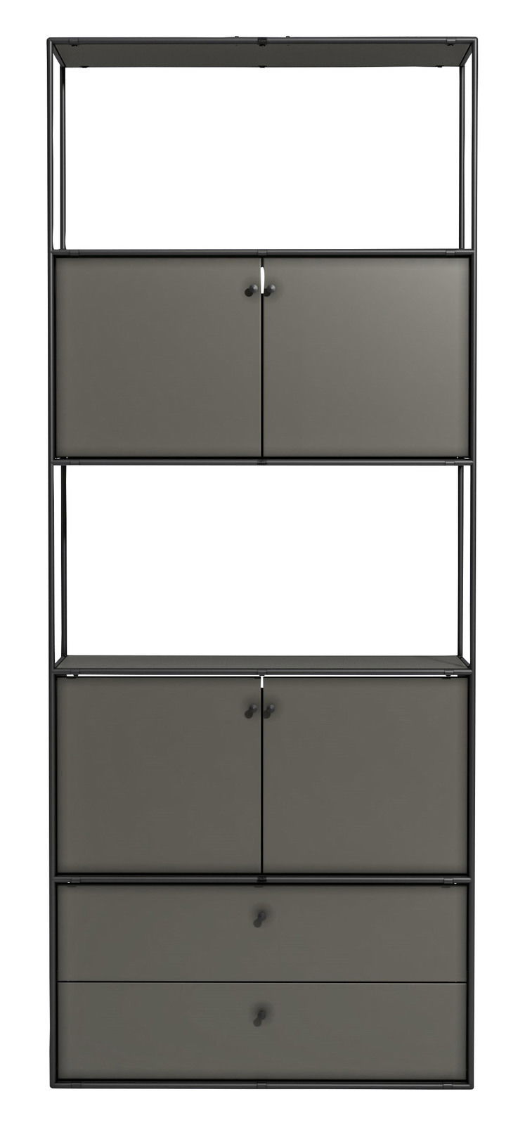 Schwarzes Regal mit zwei Schubladen und zwei Schrankfächern, frontal betrachtet.