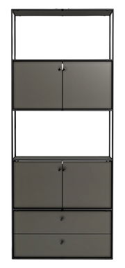 Schwarzes Regal mit zwei Schubladen und zwei Schrankfächern, frontal betrachtet.