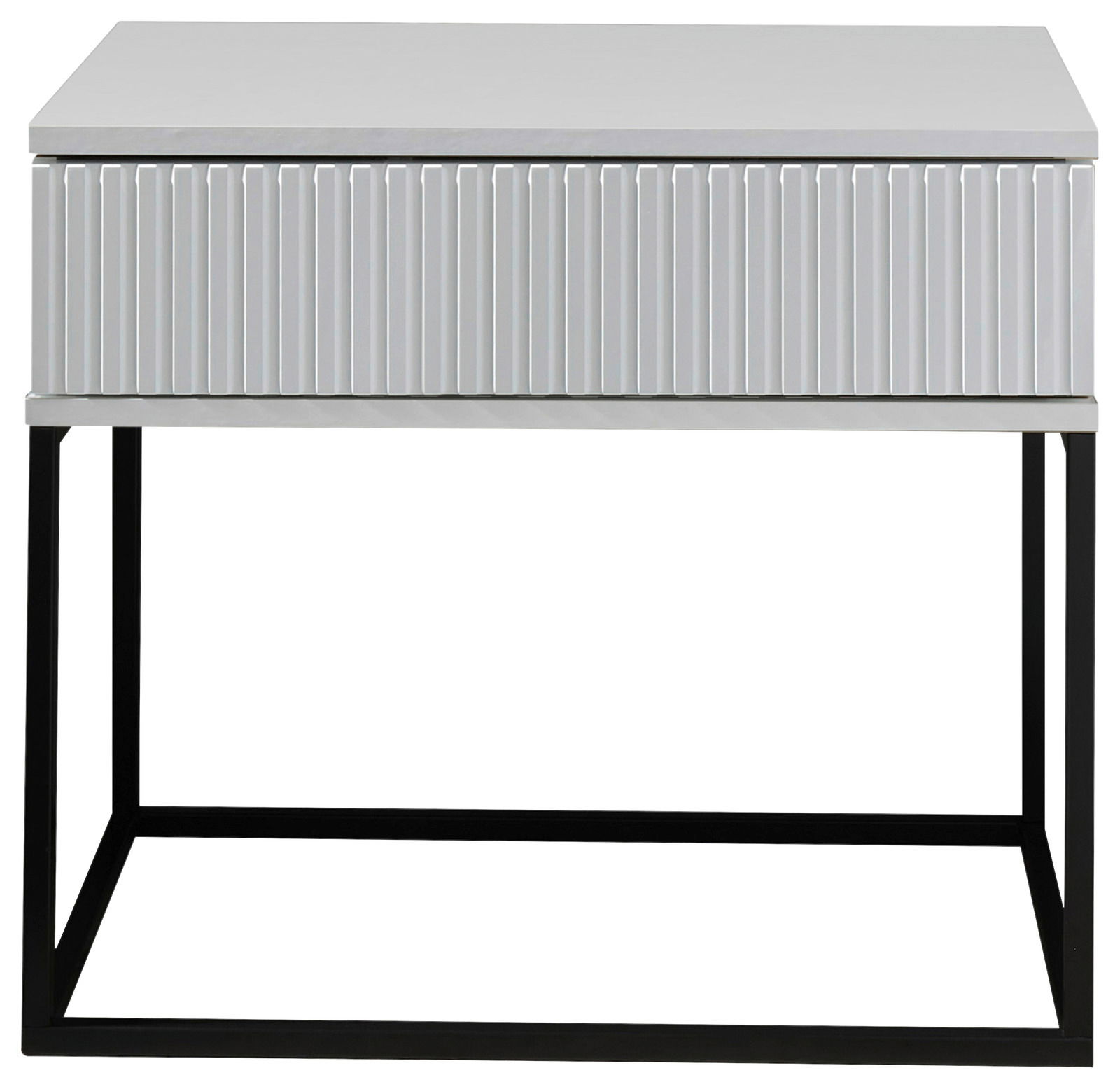 Moderne Nachtkommode mit geriffelter Front und schwarzem Metallgestell, Frontalansicht