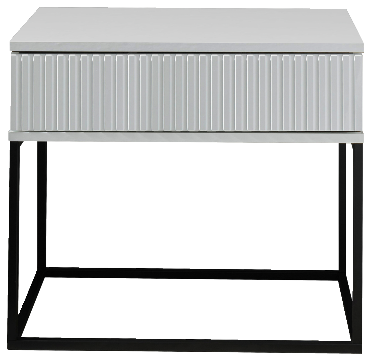 Moderne Nachtkommode mit geriffelter Front und schwarzem Metallgestell, Frontalansicht