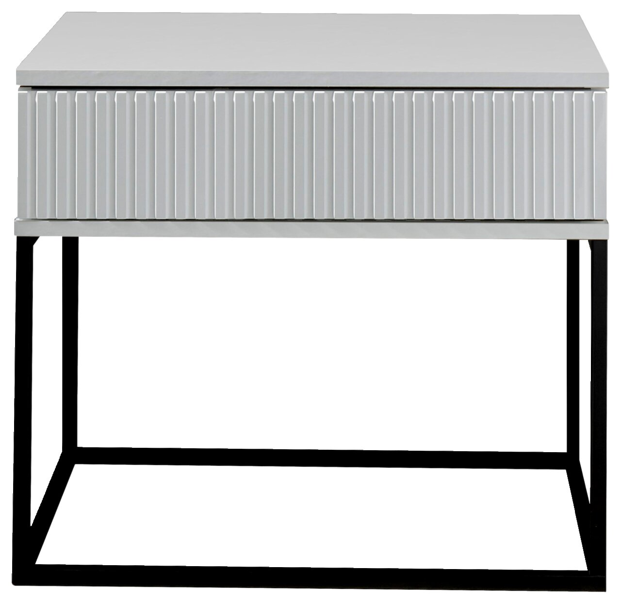 Moderne Nachtkommode mit geriffelter Front und schwarzem Metallgestell, Frontalansicht