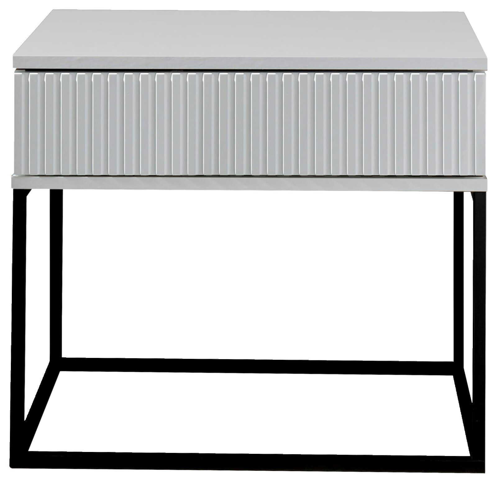 Moderne Nachtkommode mit geriffelter Front und schwarzem Metallgestell, Frontalansicht