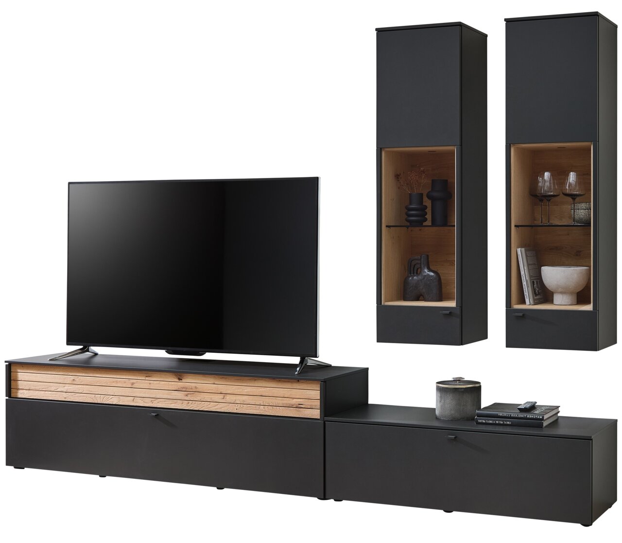 Venjakob Wandcombinatie LUMEA Moderne Wandkombination Venjakob LUMEA in schwarzem Design mit Holzdetails, bestehend aus einem TV-Board und zwei hängenden Vitrinen, frontal abgebildet.