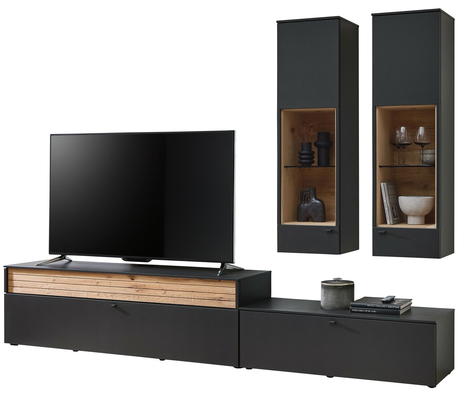 Venjakob Wandkombination LUMEA Moderne Wandkombination Venjakob LUMEA in schwarzem Design mit Holzdetails, bestehend aus einem TV-Board und zwei hängenden Vitrinen, frontal abgebildet.