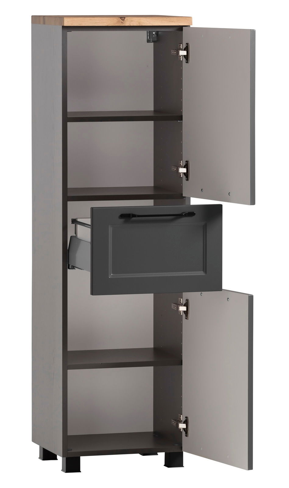 XORA Midischrank MERAN Grauer Midischrank mit Holztop, geöffnete Türen und Schublade, seitliche Perspektive