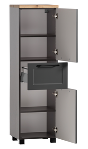Grauer Midischrank mit Holztop, geöffnete Türen und Schublade, seitliche Perspektive
