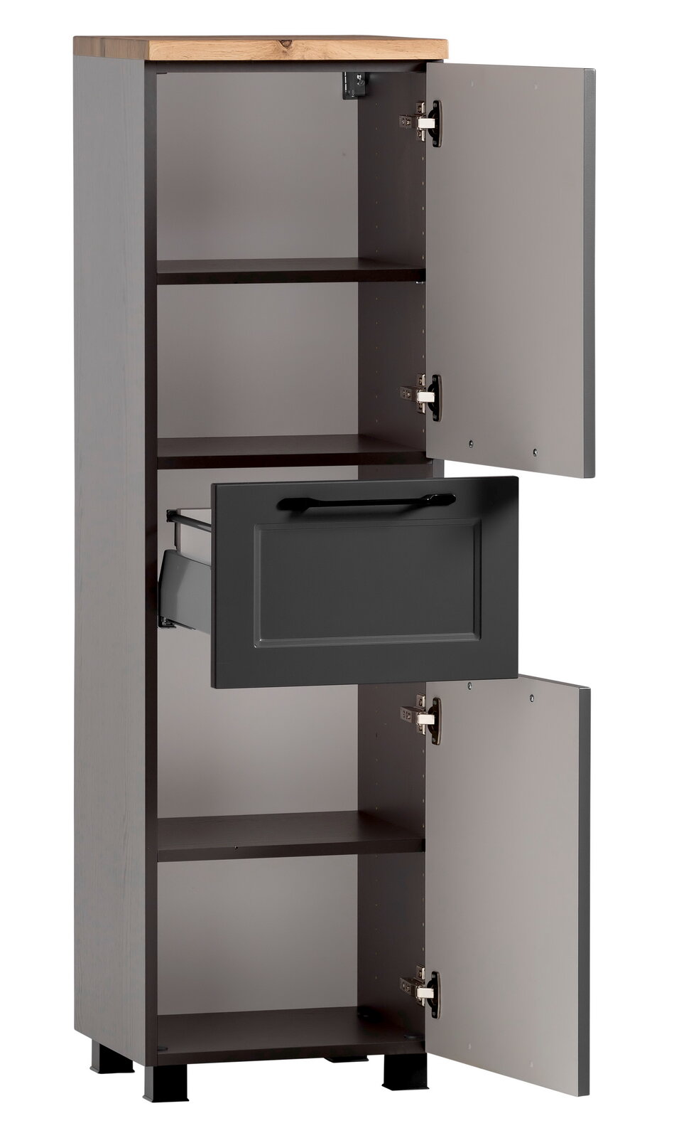XORA Midischrank MERAN Grauer Midischrank mit Holztop, geöffnete Türen und Schublade, seitliche Perspektive