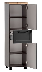 Grauer Midischrank mit Holztop, geöffnete Türen und Schublade, seitliche Perspektive