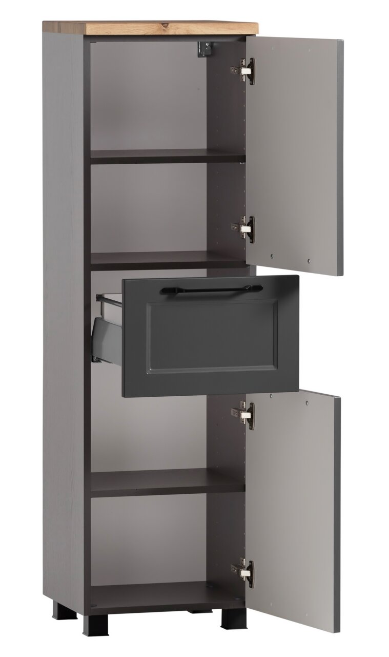 Grauer Midischrank mit Holztop, geöffnete Türen und Schublade, seitliche Perspektive