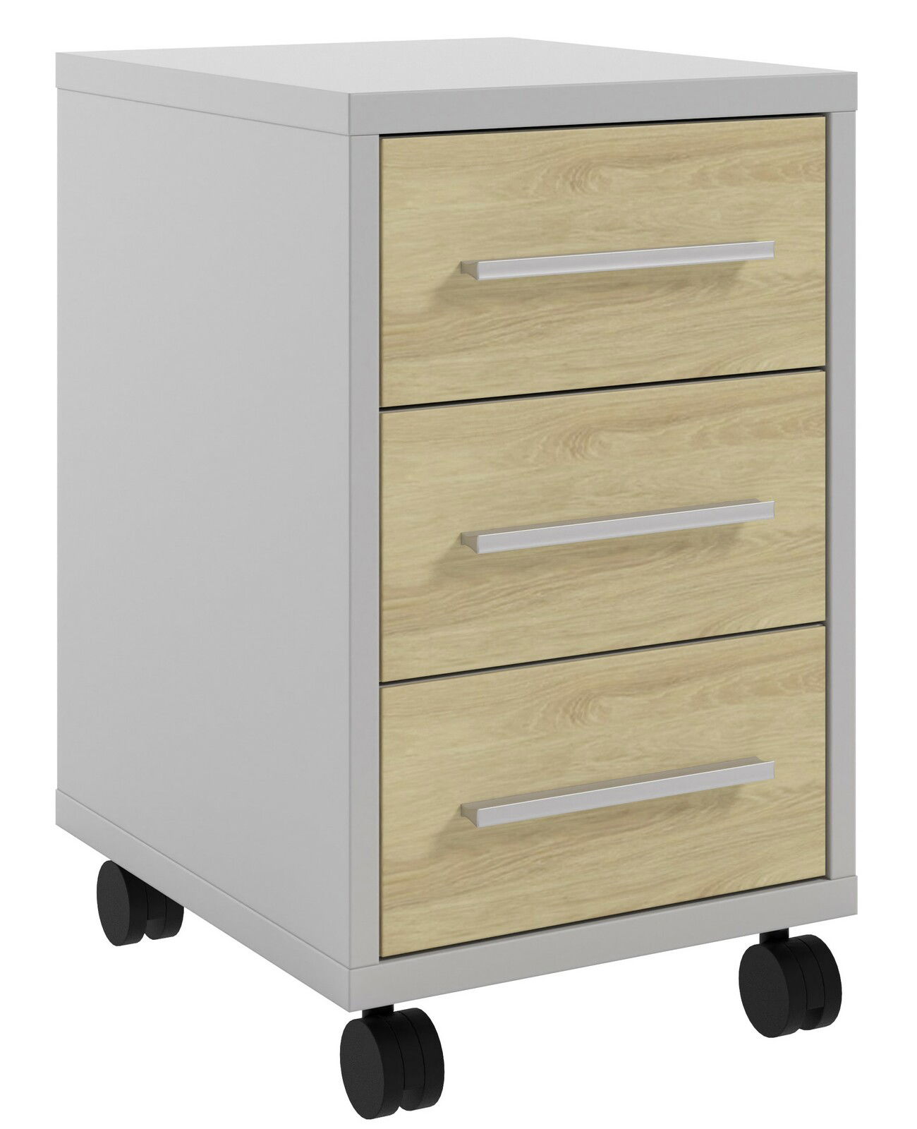 Manjana Rollcontainer TEXAS Rollcontainer mit drei Schubladen in Holzoptik und silbernen Griffen, auf Rollen, seitliche Perspektive