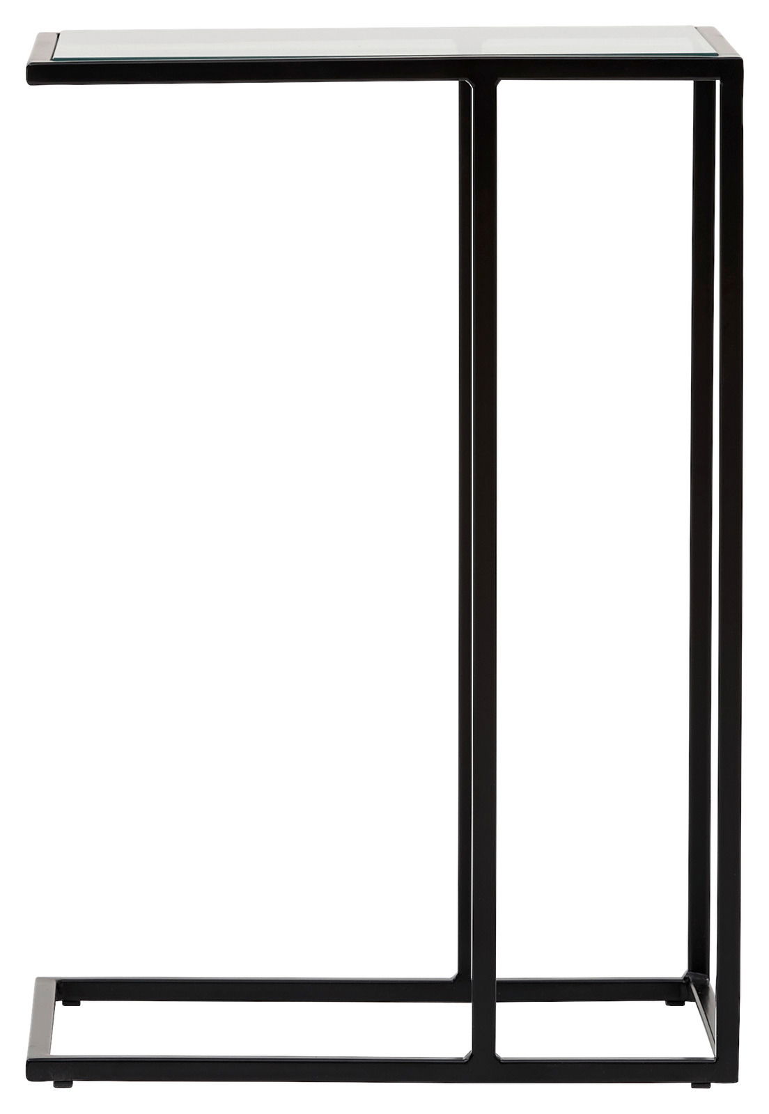 Moderner Beistelltisch mit schwarzem Metallrahmen und Glasplatte, seitliche Perspektive