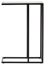 Moderner Beistelltisch mit schwarzem Metallrahmen und Glasplatte, seitliche Perspektive