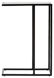 Moderner Beistelltisch mit schwarzem Metallrahmen und Glasplatte, seitliche Perspektive