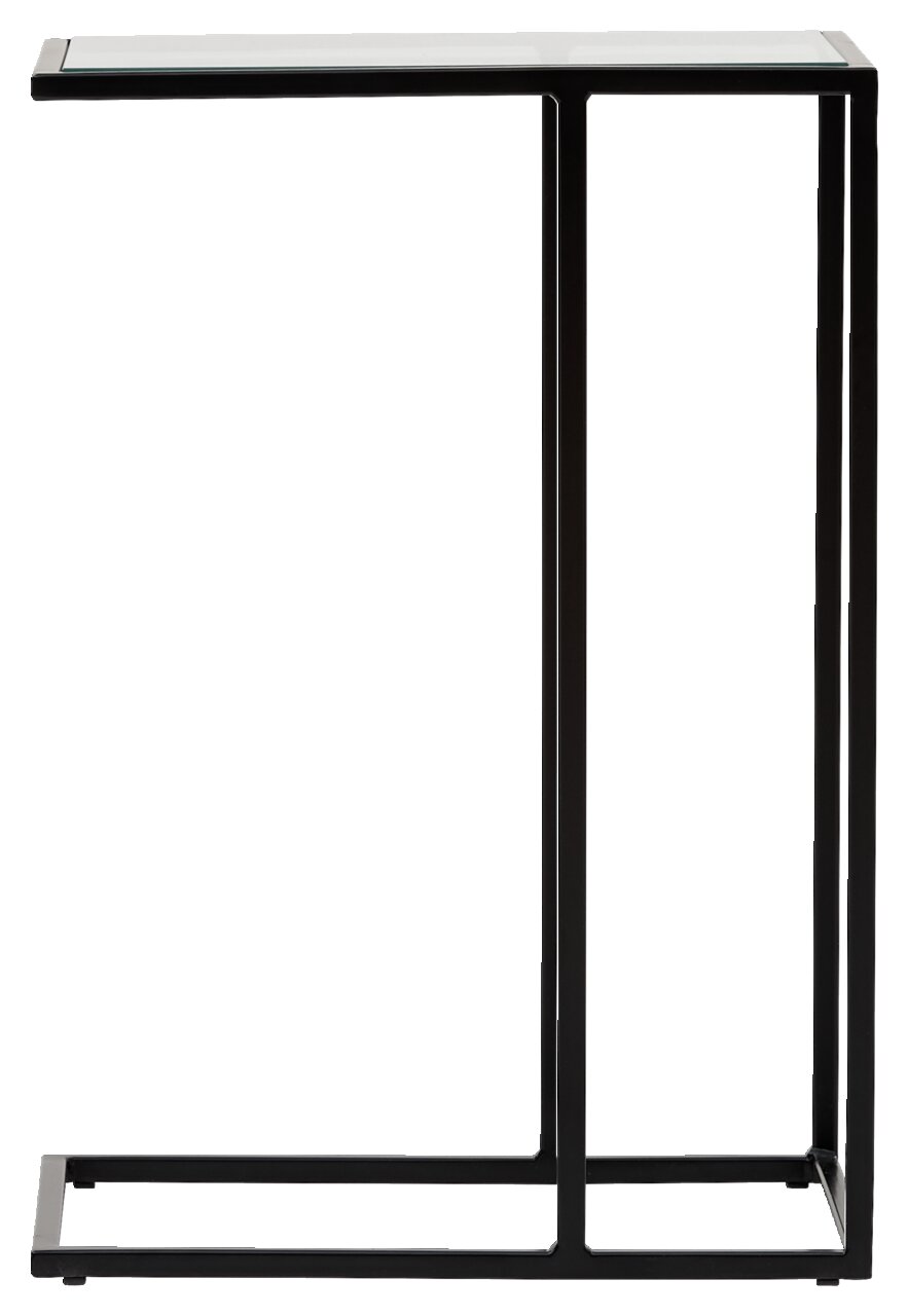 Moderner Beistelltisch mit schwarzem Metallrahmen und Glasplatte, seitliche Perspektive