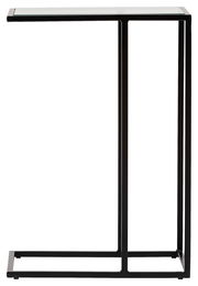 Moderner Beistelltisch mit schwarzem Metallrahmen und Glasplatte, seitliche Perspektive