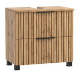 Moderner Waschbeckenunterschrank aus Holz mit vertikalen schwarzen Streifen, Frontansicht