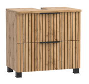 Moderner Waschbeckenunterschrank aus Holz mit vertikalen schwarzen Streifen, Frontansicht