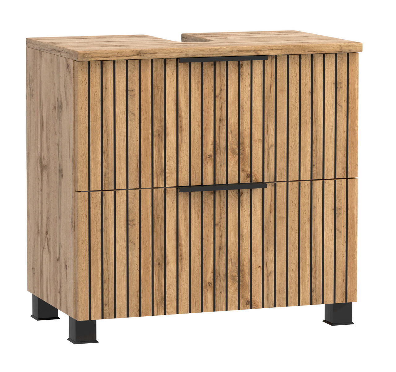 Moderner Waschbeckenunterschrank aus Holz mit vertikalen schwarzen Streifen, Frontansicht