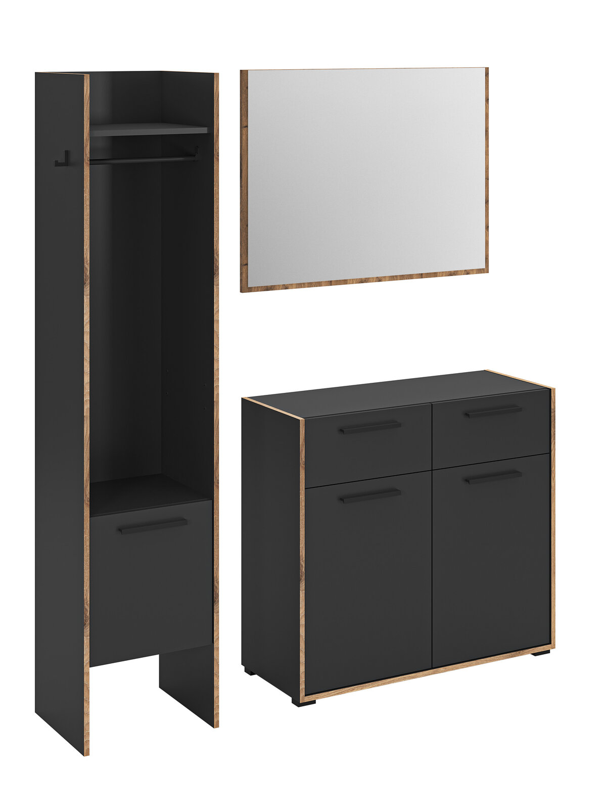 MID.YOU Garderobenkombination BUENO Modernes Garderoben-Set in Schwarz mit Holzoptik-Kanten: hoher Garderobenschrank mit Kleiderstange und Ablage, Kommode mit vier Fronten und Griffen sowie rechteckiger Wandspiegel; Ansicht schräg von vorn, Schrank zusätzlich frontal geöffnet dargestellt