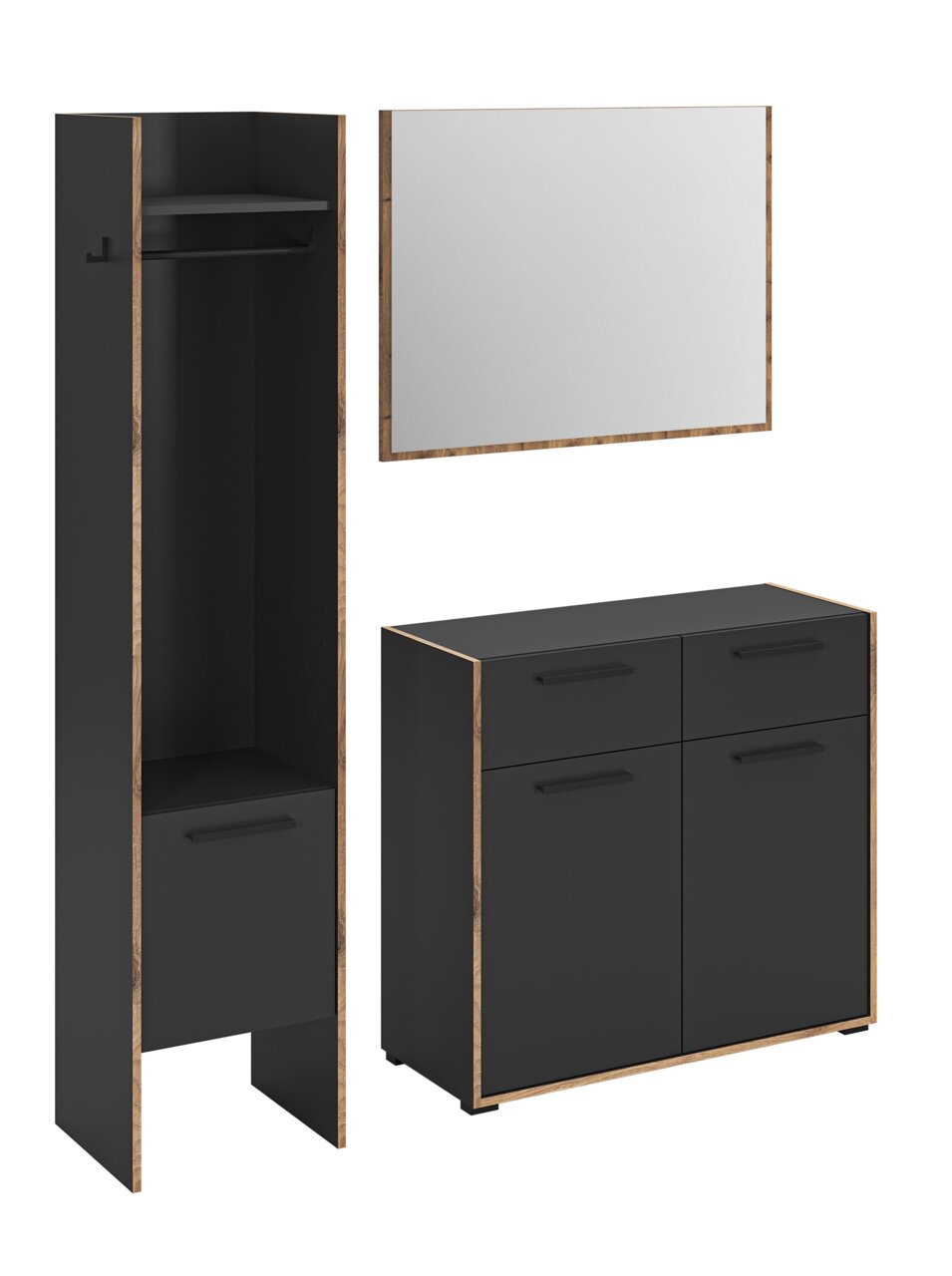 MID.YOU Garderobenkombination BUENO Modernes Garderoben-Set in Schwarz mit Holzoptik-Kanten: hoher Garderobenschrank mit Kleiderstange und Ablage, Kommode mit vier Fronten und Griffen sowie rechteckiger Wandspiegel; Ansicht schräg von vorn, Schrank zusätzlich frontal geöffnet dargestellt