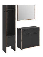 Modernes Garderoben-Set in Schwarz mit Holzoptik-Kanten: hoher Garderobenschrank mit Kleiderstange und Ablage, Kommode mit vier Fronten und Griffen sowie rechteckiger Wandspiegel; Ansicht schräg von vorn, Schrank zusätzlich frontal geöffnet dargestellt
